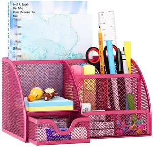 Mesh Desk Organizer with Drawer Multi-functional Pen Holder Stationery Organizer for Office School Supplies 6 Compartments Dorm Organizers and Storage for Desk, Hot Pink Mesh Desk Organizer with Drawer Multi-functional Pen Holder Stationery Organizer for Office School Supplies 6 Compartments Dorm Organizers and Storage for Desk, Hot Pink