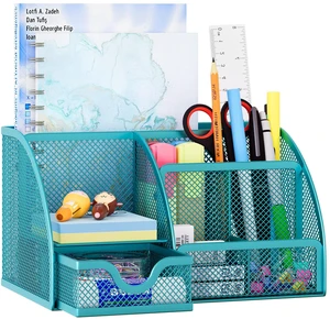 Mesh Desk Organizer with Drawer Multi-functional Pen Holder Stationery Organizer for Office School Supplies 6 Compartments Dorm Organizers and Storage for Desk, Blue Mesh Desk Organizer with Drawer Multi-functional Pen Holder Stationery Organizer for Office School Supplies 6 Compartments Dorm Organizers and Storage for Desk, Blue