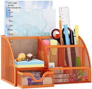 Mesh Desk Organizer with Drawer Multi-functional Pen Holder Stationery Organizer for Office School Supplies 6 Compartments Dorm Organizers and Storage for Desk, Orange Mesh Desk Organizer with Drawer Multi-functional Pen Holder Stationery Organizer for Office School Supplies 6 Compartments Dorm Organizers and Storage for Desk, Orange
