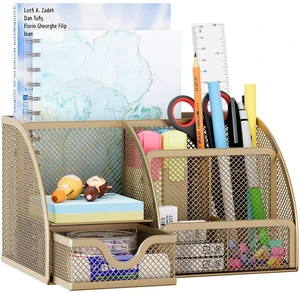 Mesh Desk Organizer with Drawer Multi-functional Pen Holder Stationery Organizer for Office School Supplies 6 Compartments Dorm Organizers and Storage for Desk, Gold Mesh Desk Organizer with Drawer Multi-functional Pen Holder Stationery Organizer for Office School Supplies 6 Compartments Dorm Organizers and Storage for Desk, Gold