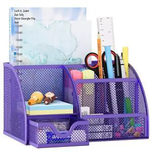 Mesh Desk Organizer with Drawer Multi-functional Pen Holder Stationery Organizer for Office School Supplies 6 Compartments Dorm Organizers and Storage for Desk, Purple Mesh Desk Organizer with Drawer Multi-functional Pen Holder Stationery Organizer for Office School Supplies 6 Compartments Dorm Organizers and Storage for Desk, Purple
