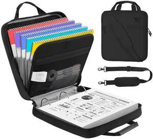 Zipper Binder, 2 Inch 3 O Ring, 5 Tab File Folders, 500 Sheets, Black Water-repellent 900D Oxford fabric with 5 folders, 2 mesh pocket, reinforced handle and adjustable shoulder strap Zipper Binder, 2 Inch 3 O Ring, 5 Tab File Folders, 500 Sheets, Black Water-repellent 900D Oxford fabric with 5 folders, 2 mesh pocket, reinforced handle and adjustable shoulder strap