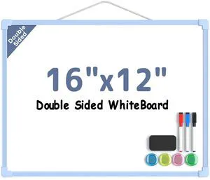 Double-Sided Dry Erase Board for Wall, 16"x12", Blue Frame Small White Board, Includes 3 Markers & 4 Magnets, Portable hanging Whiteboard for Home, Office, Double Sided Tapes Included Double-Sided Dry Erase Board for Wall, 16"x12", Blue Frame Small White Board, Includes 3 Markers & 4 Magnets, Portable hanging Whiteboard for Home, Office, Double Sided Tapes Included