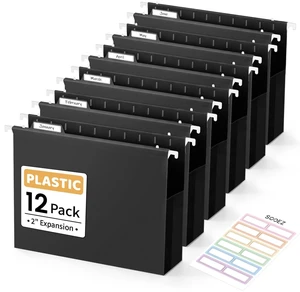 Extra Capacity Plastic Hanging File Folders, File Organizer 12 Counts Expanding File Folders Letter Size with 2" Expansion, 1/6-Cut Adjustable Tabs for File Cabinet, Drawer, Black Extra Capacity Plastic Hanging File Folders, File Organizer 12 Counts Expanding File Folders Letter Size with 2" Expansion, 1/6-Cut Adjustable Tabs for File Cabinet, Drawer, Black