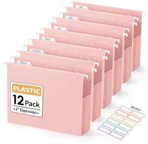 Extra Capacity Plastic Hanging File Folders, File Organizer 12 Counts Expanding File Folders Letter Size with 2" Expansion, 1/6-Cut Adjustable Tabs for File Cabinet, Drawer, Pink Extra Capacity Plastic Hanging File Folders, File Organizer 12 Counts Expanding File Folders Letter Size with 2" Expansion, 1/6-Cut Adjustable Tabs for File Cabinet, Drawer, Pink
