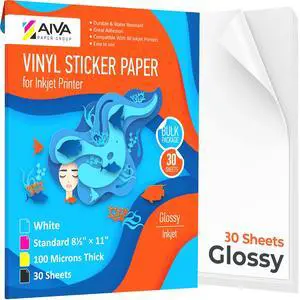 Printable Vinyl Sticker Paper - Waterproof Decal Paper for Inkjet Printer - 30 Self-Adhesive Sheets - Glossy White - Standard Letter Size 8.5"x11" Printable Vinyl Sticker Paper - Waterproof Decal Paper for Inkjet Printer - 30 Self-Adhesive Sheets - Glossy White - Standard Letter Size 8.5"x11"