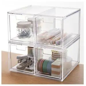 Stackable Desk Organizer drawers, Clear Pen Pencil Makeup Brush drawers for Desktops and Vanities, 4 Tall Drawers (Made in USA) Stackable Desk Organizer drawers, Clear Pen Pencil Makeup Brush drawers for Desktops and Vanities, 4 Tall Drawers (Made in USA)