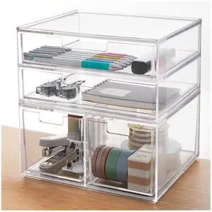 Stackable Desk Organizer Drawers, Clear Pen Pencil Makeup Brush Holder for Desktops and Vanities, 4 Multi-size Drawers (Made in USA) Stackable Desk Organizer Drawers, Clear Pen Pencil Makeup Brush Holder for Desktops and Vanities, 4 Multi-size Drawers (Made in USA)