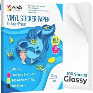 Printable Vinyl Sticker Paper for Laser Printer - Glossy White - 100 Self-Adhesive Sheets - Waterproof Decal Paper - Standard Letter Size 8.5"x11" Printable Vinyl Sticker Paper for Laser Printer - Glossy White - 100 Self-Adhesive Sheets - Waterproof Decal Paper - Standard Letter Size 8.5"x11"