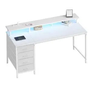 40-Inch Gaming Computer Desk with Drawers for Home Office, White Small Desk with Monitor Stand for Bedroom Study and Writing, PC Desk with Power Outlets and LED Lights 40-Inch Gaming Computer Desk with Drawers for Home Office, White Small Desk with Monitor Stand for Bedroom Study and Writing, PC Desk with Power Outlets and LED Lights