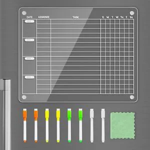 Magnetic Fridge Chore Chart for Kids & Roommates, 12x9.5 Inch Clear Acrylic Dry Erase Board with Rotating Weekly Tasks; Fits Curved Doors; Embedded Magnets; 8 Wet-Erase Markers and Towel Magnetic Fridge Chore Chart for Kids & Roommates, 12x9.5 Inch Clear Acrylic Dry Erase Board with Rotating Weekly Tasks; Fits Curved Doors; Embedded Magnets; 8 Wet-Erase Markers and Towel
