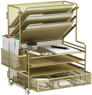 4-Tier Paper Organizer + 3-Pocket File Holder + Drawer + Pen Holders, Desktop File Organizers Paper Tray for Office Supplies School Classroom Organization (Gold, with Drawer & Pen Holder) 4-Tier Paper Organizer + 3-Pocket File Holder + Drawer + Pen Holders, Desktop File Organizers Paper Tray for Office Supplies School Classroom Organization (Gold, with Drawer & Pen Holder)