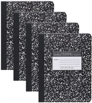 Hard Cover Composition Book, Graph Rule, 160 Pages, 4 Pack Student School Composition Book, 9.75"x7.5", Black Marble Cover, 80 Sheets of 15lb Paper, 5x5 Grid, Center Sewn, Made in USA Hard Cover Composition Book, Graph Rule, 160 Pages, 4 Pack Student School Composition Book, 9.75"x7.5", Black Marble Cover, 80 Sheets of 15lb Paper, 5x5 Grid, Center Sewn, Made in USA