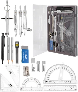 Geometry Set, 15 pcs, Light Grey, 6 Inch Swing Arm Protractor Divider, Set Squares, Ruler, Compasses and Protractor Geometry Set, 15 pcs, Light Grey, 6 Inch Swing Arm Protractor Divider, Set Squares, Ruler, Compasses and Protractor