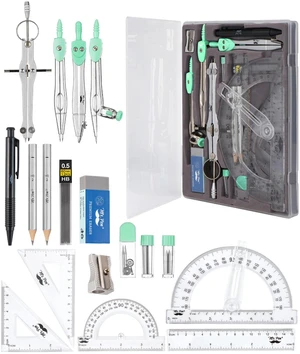 Geometry Set, 15 pcs, Green, 6 Inch Swing Arm Protractor, Divider Set Squares, Ruler, Compasses and Protractor Geometry Set, 15 pcs, Green, 6 Inch Swing Arm Protractor, Divider Set Squares, Ruler, Compasses and Protractor