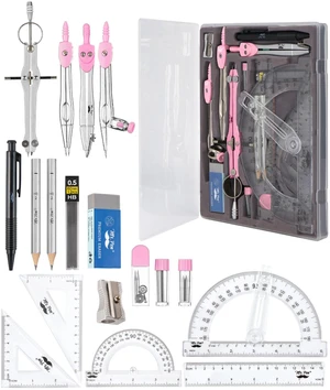 Geometry Set, 15 pcs, Pink, 6 Inch Swing Arm Protractor, Divider Set Squares, Ruler, Compasses and Protractor Geometry Set, 15 pcs, Pink, 6 Inch Swing Arm Protractor, Divider Set Squares, Ruler, Compasses and Protractor