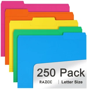 File Folder, 250 Pack 1/3 Cut Tab Colored Folders, Colored File Folder Letter Size for Office Classroom Use, Folders with Tabs Assorted 5 Colors File Folder, 250 Pack 1/3 Cut Tab Colored Folders, Colored File Folder Letter Size for Office Classroom Use, Folders with Tabs Assorted 5 Colors