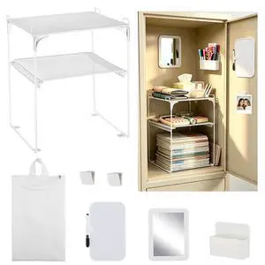 White 2-Tier Locker Organizer Shelf Locker Accessories for School Boy Girl Metal Vertical Storage Rack with Magnetic Mirror, Whiteboard, Pen Holder & Clips for School Locker, Office, Dorm, Small Space White 2-Tier Locker Organizer Shelf Locker Accessories for School Boy Girl Metal Vertical Storage Rack with Magnetic Mirror, Whiteboard, Pen Holder & Clips for School Locker, Office, Dorm, Small Space