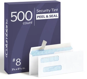 #8 Double-Window Self Seal Security Tint Envelopes, 500/Box, 24lb White Wove, 3-5/8 x 8-11/16 Inches (1016910) #8 Double-Window Self Seal Security Tint Envelopes, 500/Box, 24lb White Wove, 3-5/8 x 8-11/16 Inches (1016910)