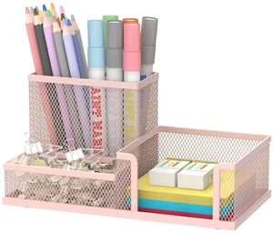 Mesh Pen Holder Desk Organizer, Office Supplies Pencil Storage with 3 Compartments, Office Desk Accessories and Workspace Organizers for Home School Classroom, Pink Mesh Pen Holder Desk Organizer, Office Supplies Pencil Storage with 3 Compartments, Office Desk Accessories and Workspace Organizers for Home School Classroom, Pink