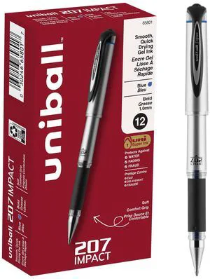 uniball 207 Impact Gel Pens, Bold Point (1.0mm), Blue, 12 Pack Bold gel ink lay-down for pronounced lettering, fraud-resistant uni Super Ink, water & fade-resistant, comfort grip uniball 207 Impact Gel Pens, Bold Point (1.0mm), Blue, 12 Pack Bold gel ink lay-down for pronounced lettering, fraud-resistant uni Super Ink, water & fade-resistant, comfort grip