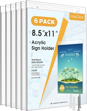 Wall Mount Sign Holder, 8.5 x 11, Vertical, 6 Pack Clear Acrylic Material, Easy Wall Installation with Included Screws and Pre-drilled Holes, Ideal for Offices and Stores Wall Mount Sign Holder, 8.5 x 11, Vertical, 6 Pack Clear Acrylic Material, Easy Wall Installation with Included Screws and Pre-drilled Holes, Ideal for Offices and Stores