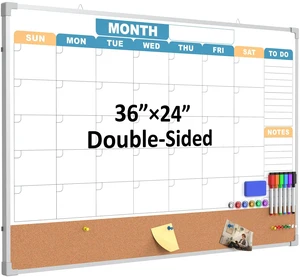 Monthly Calendar Dry Erase Board 36x24 Inch, Double-Sided Whiteboard and Corkboard Combo with Silver Aluminum Frame (Color Calendar), Wall Mounted Planer with Marker, Magnet, Push Pin, Eraser Monthly Calendar Dry Erase Board 36x24 Inch, Double-Sided Whiteboard and Corkboard Combo with Silver Aluminum Frame (Color Calendar), Wall Mounted Planer with Marker, Magnet, Push Pin, Eraser