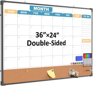 Monthly Calendar Dry Erase Board 36x24 Inch, Double-Sided Whiteboard and Corkboard Combo with Black Aluminum Frame (Color Calendar), Wall Mounted Planner with Marker, Magnet, Push Pin, Eraser Monthly Calendar Dry Erase Board 36x24 Inch, Double-Sided Whiteboard and Corkboard Combo with Black Aluminum Frame (Color Calendar), Wall Mounted Planner with Marker, Magnet, Push Pin, Eraser