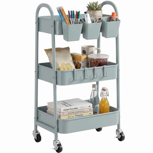 3-Tier Rolling Cart, Utility Cart Mobile Metal Rolling Storage Cart with Lockable Wheels & Hanging Cups & Hooks for Kitchen, Bathroom, Office, Workshop, Gray Blue 3-Tier Rolling Cart, Utility Cart Mobile Metal Rolling Storage Cart with Lockable Wheels & Hanging Cups & Hooks for Kitchen, Bathroom, Office, Workshop, Gray Blue