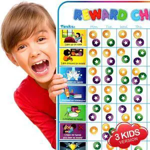Large Magnetic Reward Chart for Multiple Kids (1-3 Kids) - 127 Pre-Written Stickers (Including Potty Training) + 30 Custom Chores - Behavior, Responsibility & Incentive Star Chart for Your Fridge Large Magnetic Reward Chart for Multiple Kids (1-3 Kids) - 127 Pre-Written Stickers (Including Potty Training) + 30 Custom Chores - Behavior, Responsibility & Incentive Star Chart for Your Fridge