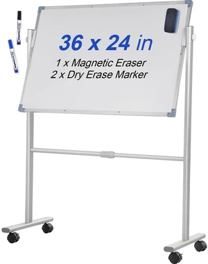 Mobile Magnetic Whiteboard, 36 x 24 Inch, Double Sided, 360 Degree Reversible Rolling Dry Erase Board, Height Adjustable with Aluminum Frame and Lockable Swivel Wheels, for Office School Home Mobile Magnetic Whiteboard, 36 x 24 Inch, Double Sided, 360 Degree Reversible Rolling Dry Erase Board, Height Adjustable with Aluminum Frame and Lockable Swivel Wheels, for Office School Home