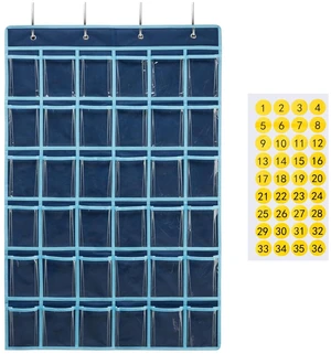 36 Clear Pockets Classroom Pocket Chart for Cell Phone and Calculator Holder, Door Hanging Pocket Chart for Classroom Phone Holder with Number Sticker and Hooks (Blue) 36 Clear Pockets Classroom Pocket Chart for Cell Phone and Calculator Holder, Door Hanging Pocket Chart for Classroom Phone Holder with Number Sticker and Hooks (Blue)