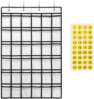 36 Clear Pockets Classroom Pocket Chart for Cell Phones, Pocket Chart for Calculator Phone Holder with 36 Number Stickers and Hooks (White) 36 Clear Pockets Classroom Pocket Chart for Cell Phones, Pocket Chart for Calculator Phone Holder with 36 Number Stickers and Hooks (White)