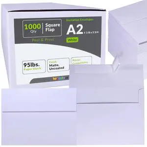 1000 Pcs White A2 Invitation Envelopes, Peel & Press Self Seal, 4 3/8 x 5 3/4 Square Flap, RSVP & Return Envelopes, 95lb. Paper, Perfect for Announcements, Greeting Cards, Letters 1000 Pcs White A2 Invitation Envelopes, Peel & Press Self Seal, 4 3/8 x 5 3/4 Square Flap, RSVP & Return Envelopes, 95lb. Paper, Perfect for Announcements, Greeting Cards, Letters
