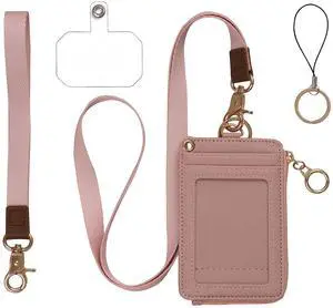 2-in-1 ID Badge Holder Lanyard Wallet - Nude Pink Leather badge holder with lanyard features 5 card slots, clear ID window, phone pocket, key ring, and removable wristlet 2-in-1 ID Badge Holder Lanyard Wallet - Nude Pink Leather badge holder with lanyard features 5 card slots, clear ID window, phone pocket, key ring, and removable wristlet