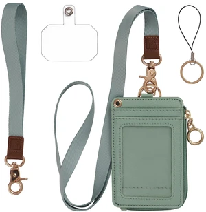 2-in-1 Lanyard Wallet ID Badge Holder - Sage Green Leather badge holder with lanyard features 5 card slots, clear ID window, phone pocket, key ring, and removable wristlet 2-in-1 Lanyard Wallet ID Badge Holder - Sage Green Leather badge holder with lanyard features 5 card slots, clear ID window, phone pocket, key ring, and removable wristlet