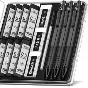 Metal Mechanical Pencil Set with Case, 0.5mm, 3PCS, Black 480PCS HB Lead Refills, 3 Erasers+9 Eraser Refills, Anti Grip, for Drafting, Engineering, Technical Drawing, Art Projects Metal Mechanical Pencil Set with Case, 0.5mm, 3PCS, Black 480PCS HB Lead Refills, 3 Erasers+9 Eraser Refills, Anti Grip, for Drafting, Engineering, Technical Drawing, Art Projects