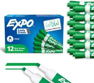 Dry Erase Markers, Low Odor Ink, Green, Chisel Tip, 12 Count - Whiteboard, Calendar, Organization, Essential Supplies for Office, School, Classroom, Teachers Dry Erase Markers, Low Odor Ink, Green, Chisel Tip, 12 Count - Whiteboard, Calendar, Organization, Essential Supplies for Office, School, Classroom, Teachers