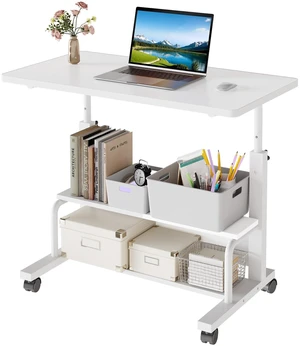 Rolling Desk, Storage Shelves, Laptop Table, Home Office Height Adjustable Design, Computer Desks on Wheels, Portable for Small Spaces Use, White Rolling Desk, Storage Shelves, Laptop Table, Home Office Height Adjustable Design, Computer Desks on Wheels, Portable for Small Spaces Use, White