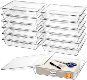 12 Pcs Classroom Paper Storage Bins with Clear Latching Lids Labels, Letter Size Stackable Flat Trays Container Paper Organizer for Teacher Back to School Office Arts Crafts (Clear,13x10in) 12 Pcs Classroom Paper Storage Bins with Clear Latching Lids Labels, Letter Size Stackable Flat Trays Container Paper Organizer for Teacher Back to School Office Arts Crafts (Clear,13x10in)
