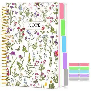 5 Subject Notebook College Ruled 240 Pages, A5(5.8"x8.3") Hardcover Spiral Notebook with Removable Dividers Tabs, Lined Spiral Journal Notebook for Women, Notebooks for Work Schoolwhitespringflower 5 Subject Notebook College Ruled 240 Pages, A5(5.8"x8.3") Hardcover Spiral Notebook with Removable Dividers Tabs, Lined Spiral Journal Notebook for Women, Notebooks for Work Schoolwhitespringflower