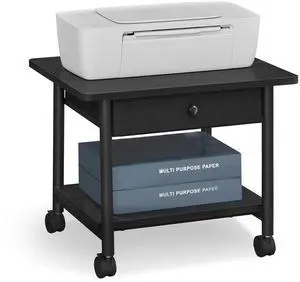 2-Tier Printer Stand with Locking Wheels, Under Desk Printer Table Industrial Mobile Cart, 19.1 x 15.9 x 15.6 Inches, Storage Shelf, Drawer, for Home Office, Ebony Black, UOPS004B56 2-Tier Printer Stand with Locking Wheels, Under Desk Printer Table Industrial Mobile Cart, 19.1 x 15.9 x 15.6 Inches, Storage Shelf, Drawer, for Home Office, Ebony Black, UOPS004B56