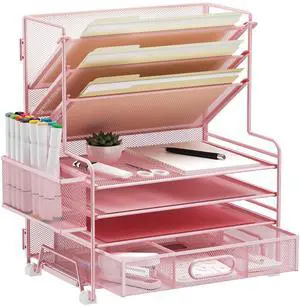 4-Tier Paper Organizer + 3-Pocket File Holder + Drawer + Pen Holders, Desktop File Organizers Paper Tray for Office Supplies School Classroom Organization (Pink, with Drawer & Pen Holder) 4-Tier Paper Organizer + 3-Pocket File Holder + Drawer + Pen Holders, Desktop File Organizers Paper Tray for Office Supplies School Classroom Organization (Pink, with Drawer & Pen Holder)