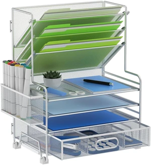 4-Tier Paper Organizer + 3-Pocket File Holder + Drawer + Pen Holders, Desktop File Organizers Paper Tray for Office Supplies School Classroom Organization (Silver, with Drawer & Pen Holder) 4-Tier Paper Organizer + 3-Pocket File Holder + Drawer + Pen Holders, Desktop File Organizers Paper Tray for Office Supplies School Classroom Organization (Silver, with Drawer & Pen Holder)