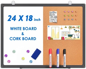 Magnetic White Board and Cork Board Combo 24" x 18" Aluminum FrameBlack Dry Erase Bulletin Board, Wall Mounted or Hanging. Dual-function Surface for Writing & Pinning. Ideal for Home, Office, Shool Magnetic White Board and Cork Board Combo 24" x 18" Aluminum FrameBlack Dry Erase Bulletin Board, Wall Mounted or Hanging. Dual-function Surface for Writing & Pinning. Ideal for Home, Office, Shool