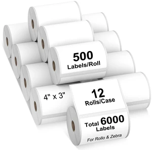 12 Rolls 4" x 3" Direct Thermal Labels for Barcodes Postage Address Shipping Compatible with Rollo & Zebra Desktop Printers Adhesive - 500 Labels/Roll 12 Rolls 4" x 3" Direct Thermal Labels for Barcodes Postage Address Shipping Compatible with Rollo & Zebra Desktop Printers Adhesive - 500 Labels/Roll