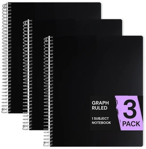 1 Subject Graph Paper Spiral Notebook 3 Pack, 200 Pages, Black 100 Sheets, 9 x 11 in, Waterproof Plastic Cover, Durable, 3-Hole Punched, Divider, Double-Sided Pocket 1 Subject Graph Paper Spiral Notebook 3 Pack, 200 Pages, Black 100 Sheets, 9 x 11 in, Waterproof Plastic Cover, Durable, 3-Hole Punched, Divider, Double-Sided Pocket
