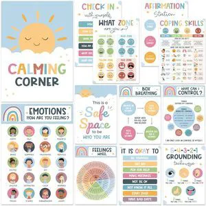 Calming Corner Classroom Posters, 12 Pack Boho Emotions Chart Feelings Wheel for Kids & Teachers, Calm Down Corner Supplies, Therapy Office Decor, Mental Health Decorations Preschool Calming Corner Classroom Posters, 12 Pack Boho Emotions Chart Feelings Wheel for Kids & Teachers, Calm Down Corner Supplies, Therapy Office Decor, Mental Health Decorations Preschool