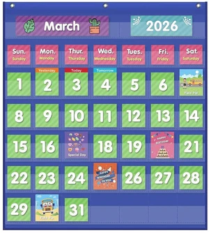 Classroom Monthly Calendar Pocket Chart with 71 Cards for Kids Learning for Home,Blue Classroom Monthly Calendar Pocket Chart with 71 Cards for Kids Learning for Home,Blue