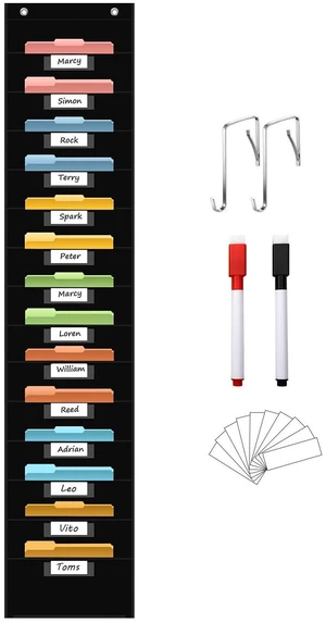 14 Pocket Hanging File Organizer with 14 Nametag Pockets. Black File Storage Pocket Chart for Classroom or Office Use. Perfectly Organizes Assignments, Files, Scrapbooks, and Documents 14 Pocket Hanging File Organizer with 14 Nametag Pockets. Black File Storage Pocket Chart for Classroom or Office Use. Perfectly Organizes Assignments, Files, Scrapbooks, and Documents